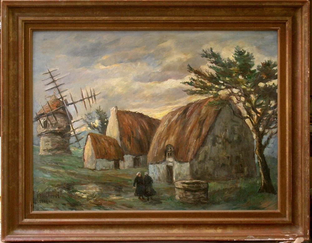 Fred Pailhes Peinture Huile Sur Isorel Figurant Un Paysage, Personnages Féminins,  Chaumiere & Moulin En Bretagne-photo-2