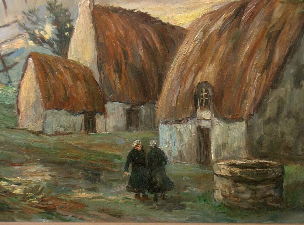 Fred Pailhes Oil Painting On Hardboard Containing A Landscape, Female Characters, Thatched Cottages And Mill In Brittany-photo-3