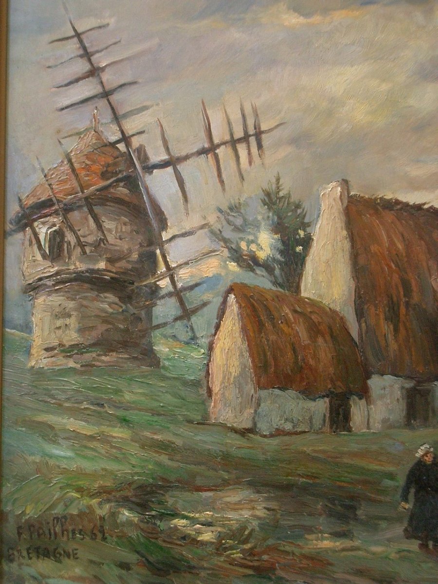 Fred Pailhes Oil Painting On Hardboard Containing A Landscape, Female Characters, Thatched Cottages And Mill In Brittany-photo-1