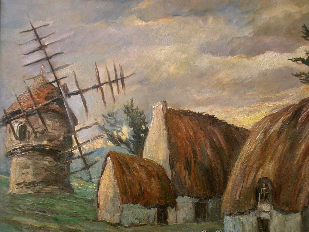 Fred Pailhes Oil Painting On Hardboard Containing A Landscape, Female Characters, Thatched Cottages And Mill In Brittany-photo-4