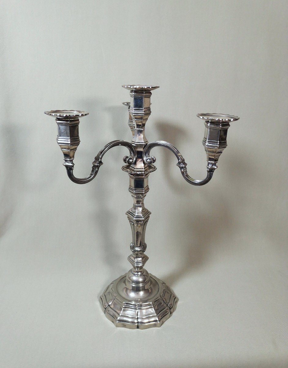 Candlestick With Three Lights In Silver Bronze, Umbilicus With Doucine, Turned Bole, And Coiling Arm Of Light-photo-3
