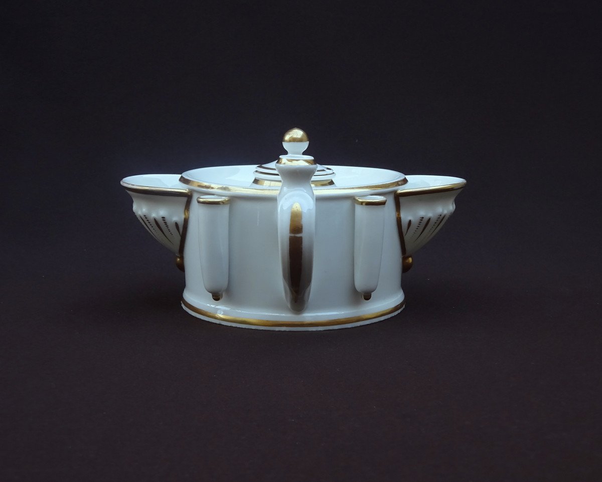 Comte d'Artois Manufacture, Large Circular Inkwell With Two Lateral Porcelain Cups And Polychrome And Gold Decor-photo-3