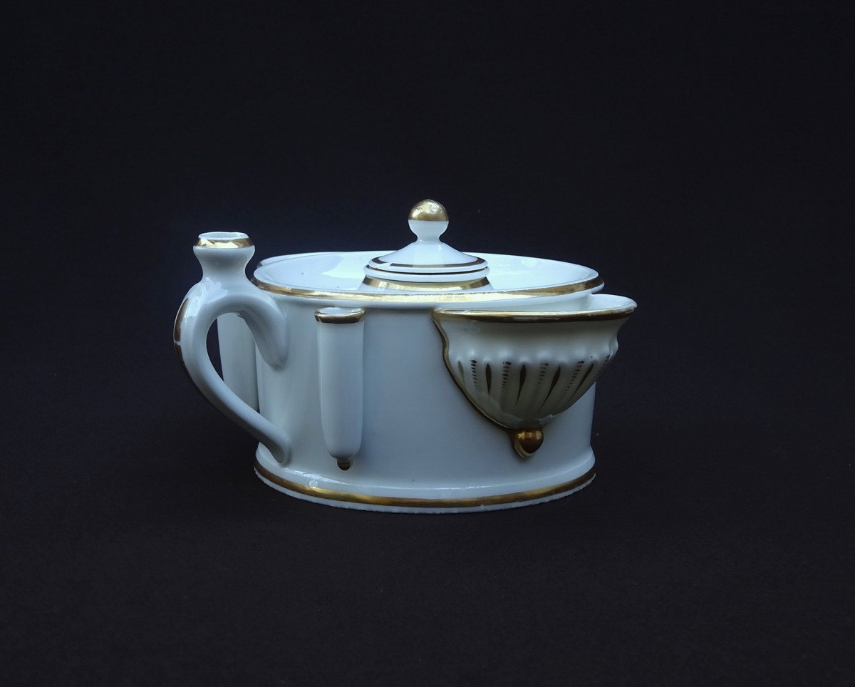 Comte d'Artois Manufacture, Large Circular Inkwell With Two Lateral Porcelain Cups And Polychrome And Gold Decor-photo-3
