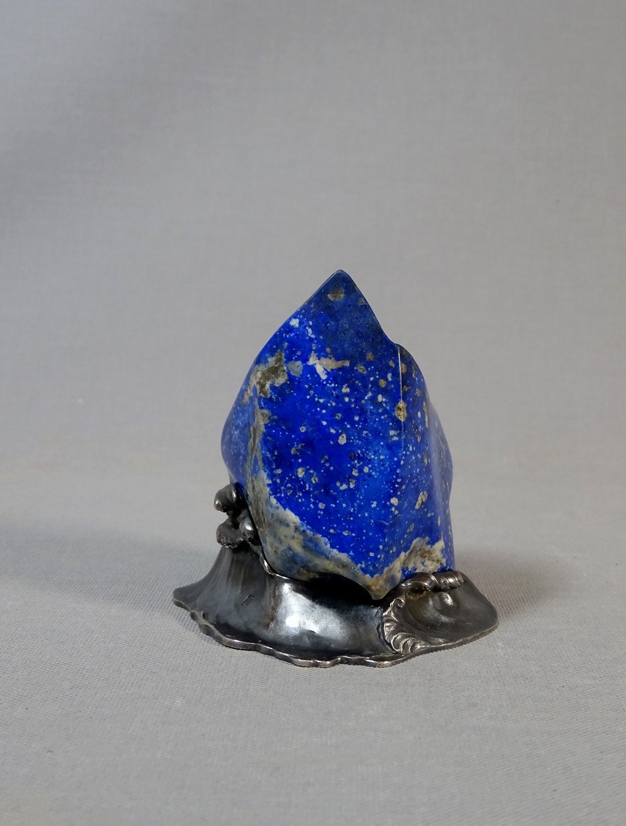 Objet d&#039;Orf&egrave;vrerie Mont&eacute; Formant Rocher Assailli par les Flots &eacute;cumants &amp; Dauphin Antique, Lapis Lazuli et Monture Argent-photo-6