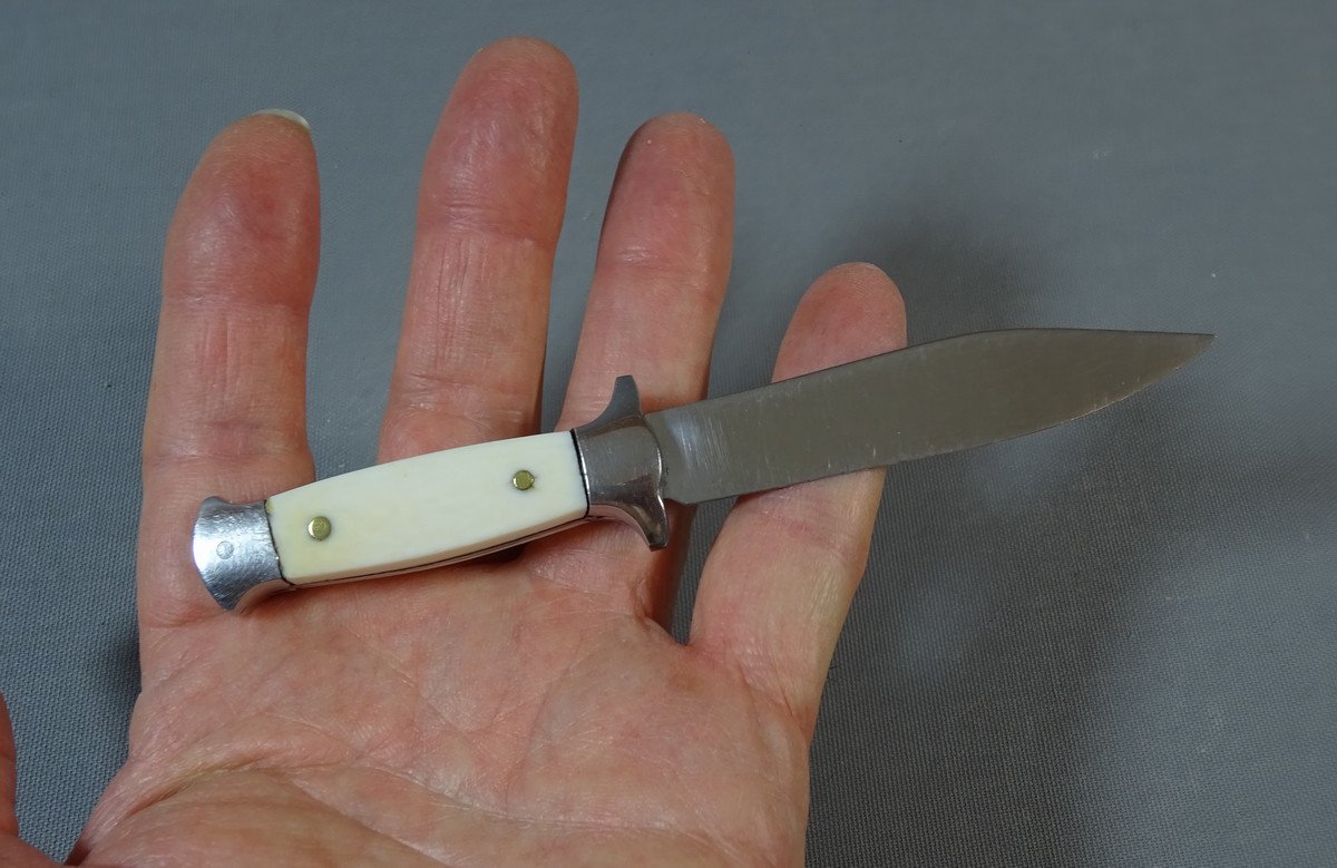 Old Small Dagger Or Scout Knife, Les Deux Diables, Blades And Frame Stainless Steel, Ivory Handle-photo-3