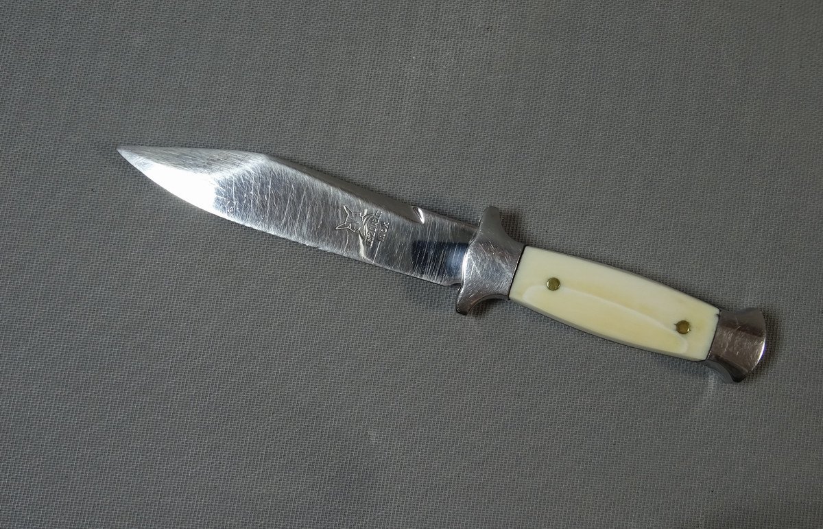 Old Small Dagger Or Scout Knife, Les Deux Diables, Blades And Frame Stainless Steel, Ivory Handle-photo-6