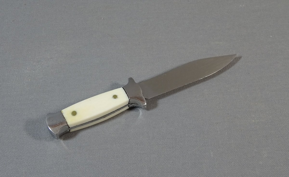 Old Small Dagger Or Scout Knife, Les Deux Diables, Blades And Frame Stainless Steel, Ivory Handle