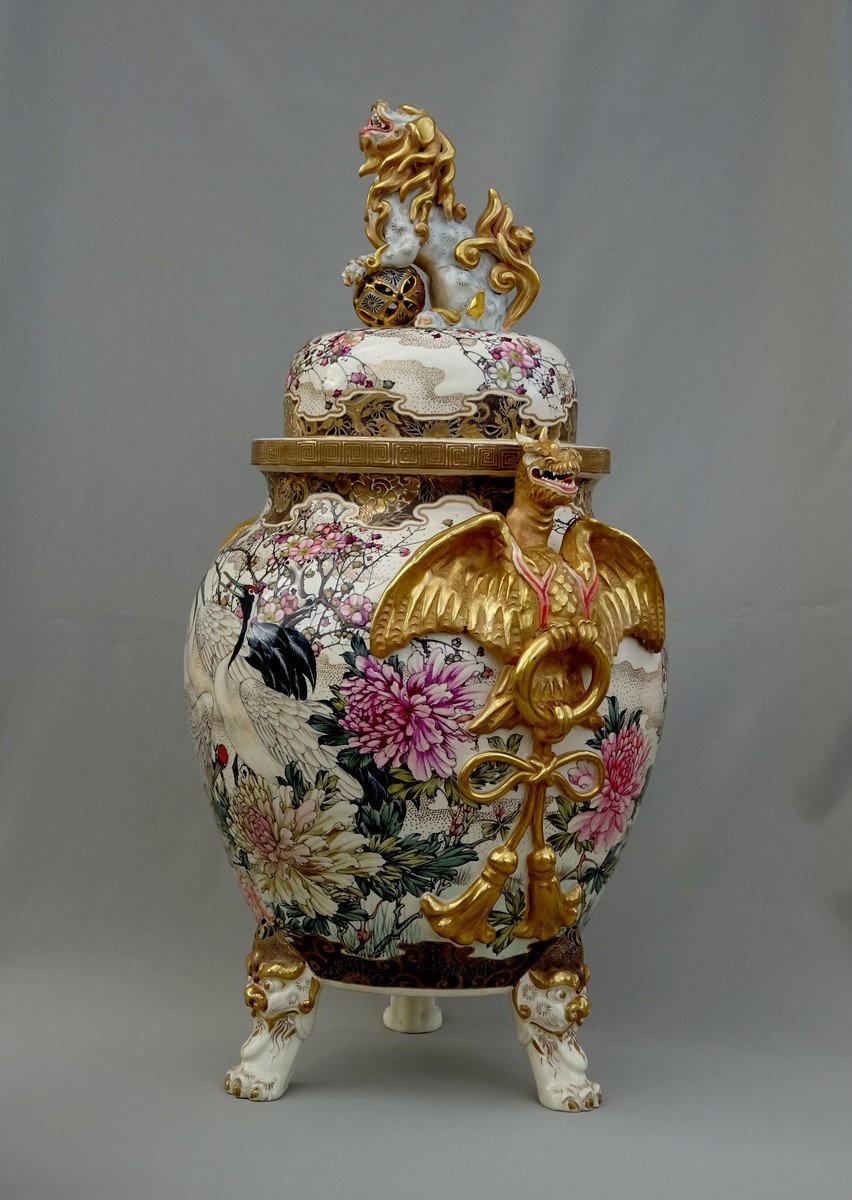 Important Pot Couvert, Grès Fin Des Fours De Satsuma, Japon Période Meiji, Riche Décor aux Grues, Pivoines, Pruniers en fleurs-photo-4