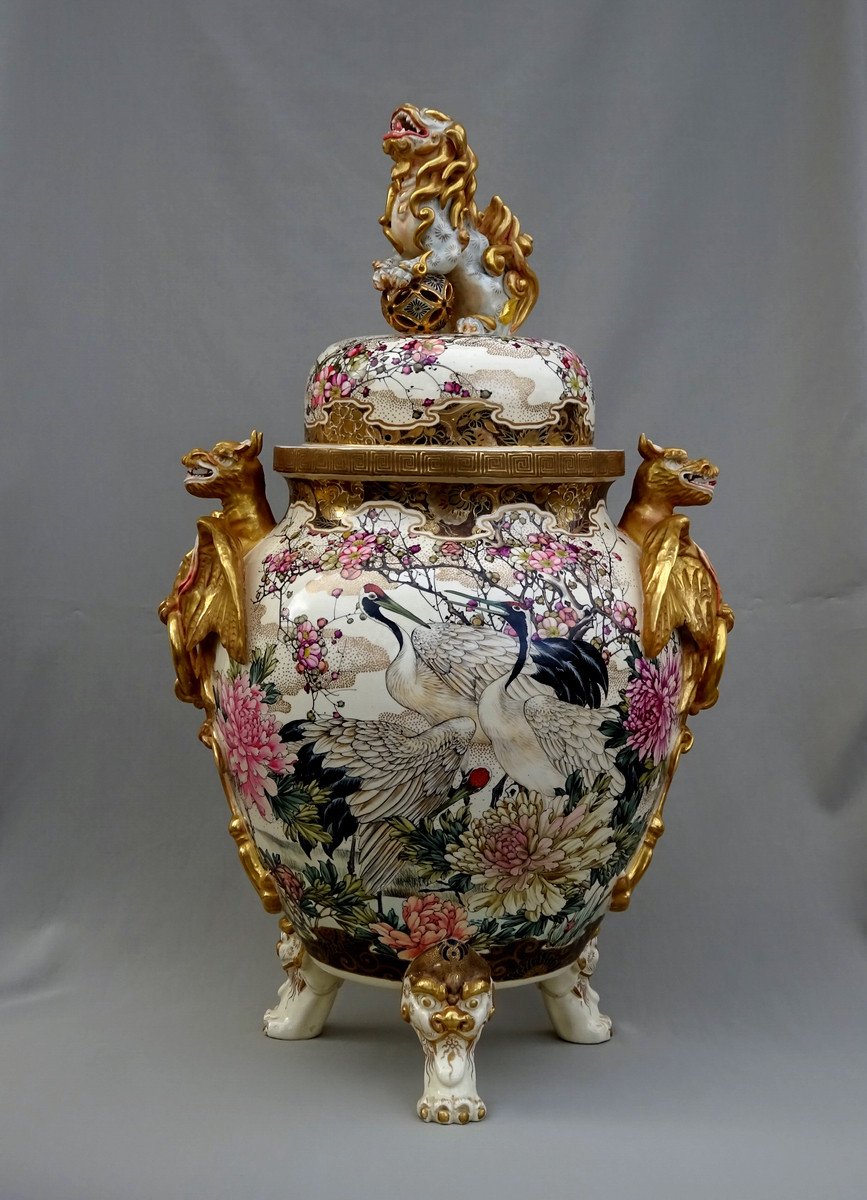 Important Pot Couvert, Grès Fin Des Fours De Satsuma, Japon Période Meiji, Riche Décor aux Grues, Pivoines, Pruniers en fleurs-photo-5