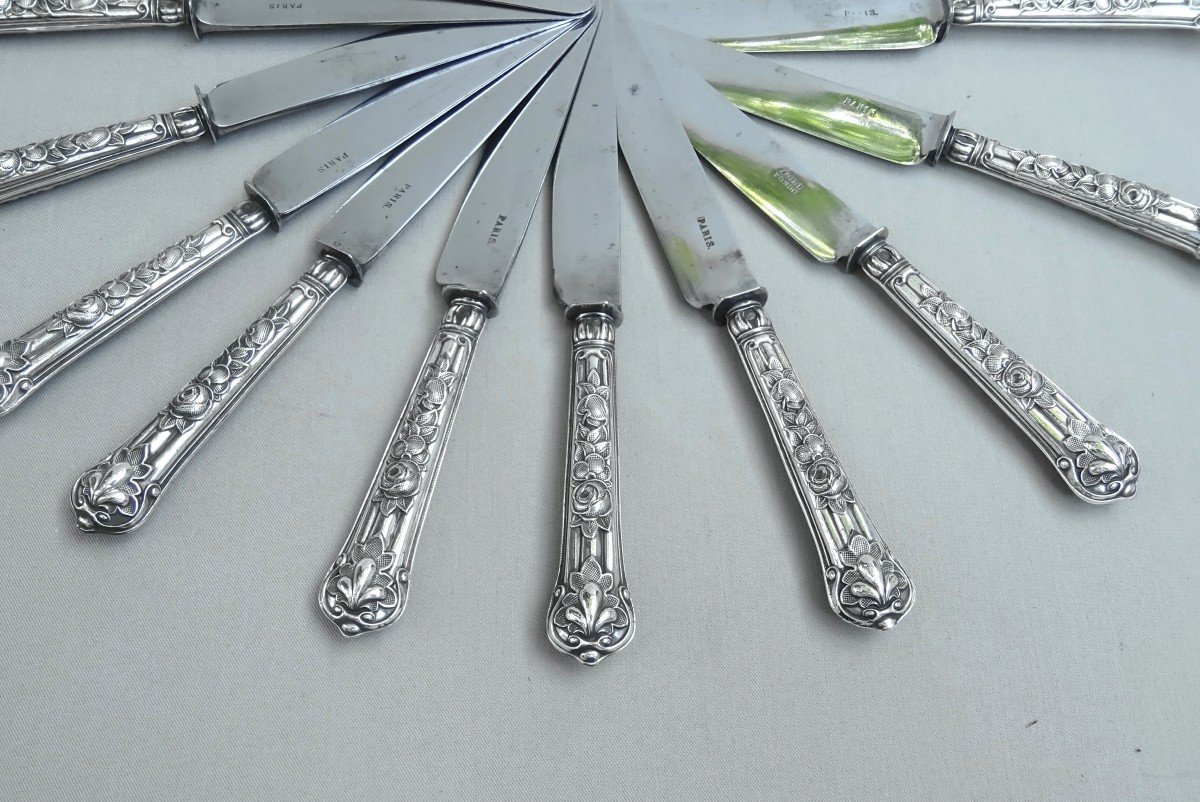 Twelve Fine Neoclassical Fruit Or Cheese Knives, Silver Handle & Steel Blades, A.c. Goldsmith - Very Good Condition-photo-2