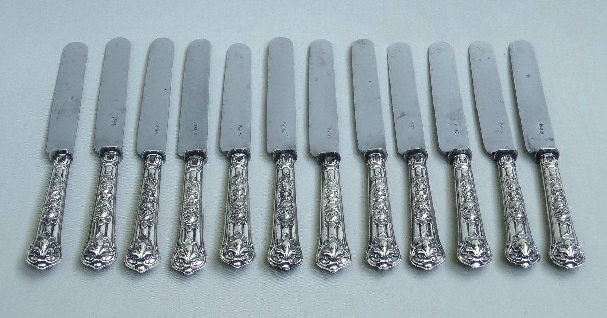 Twelve Fine Neoclassical Fruit Or Cheese Knives, Silver Handle & Steel Blades, A.c. Goldsmith - Very Good Condition-photo-6