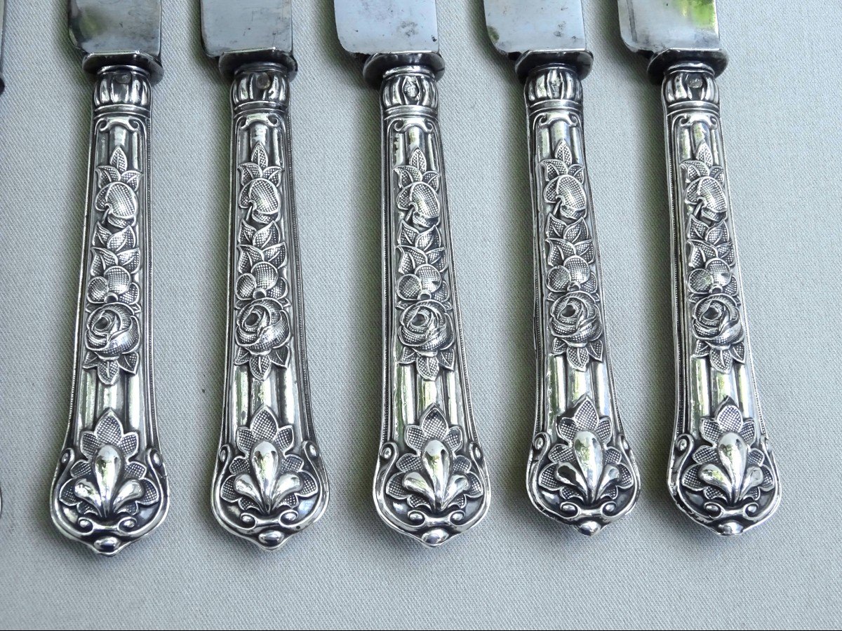 Twelve Fine Neoclassical Fruit Or Cheese Knives, Silver Handle & Steel Blades, A.c. Goldsmith - Very Good Condition-photo-7