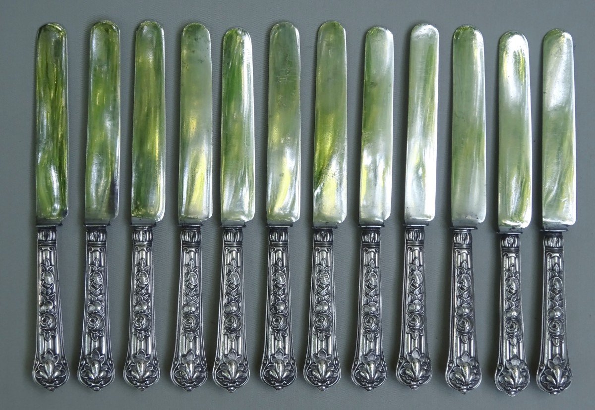 Twelve Fine Neoclassical Fruit Or Cheese Knives, Silver Handle & Steel Blades, A.c. Goldsmith - Very Good Condition