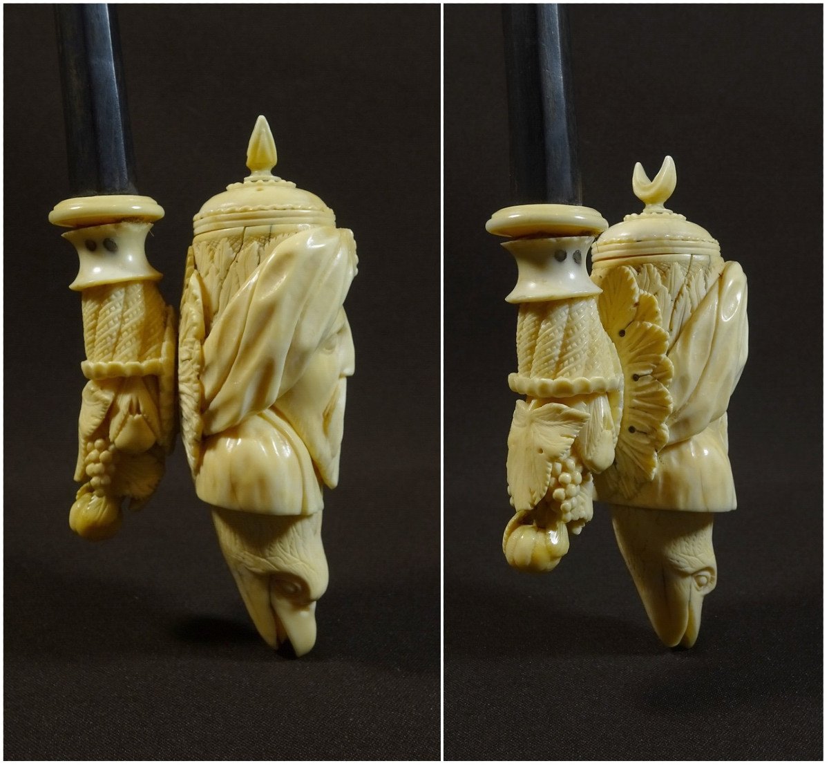 Orientalist Pipe Ivory Work From Dieppe, XVIIIth Century, The Furnace Representing A Moor's Face, Eagle Head Etc-photo-2