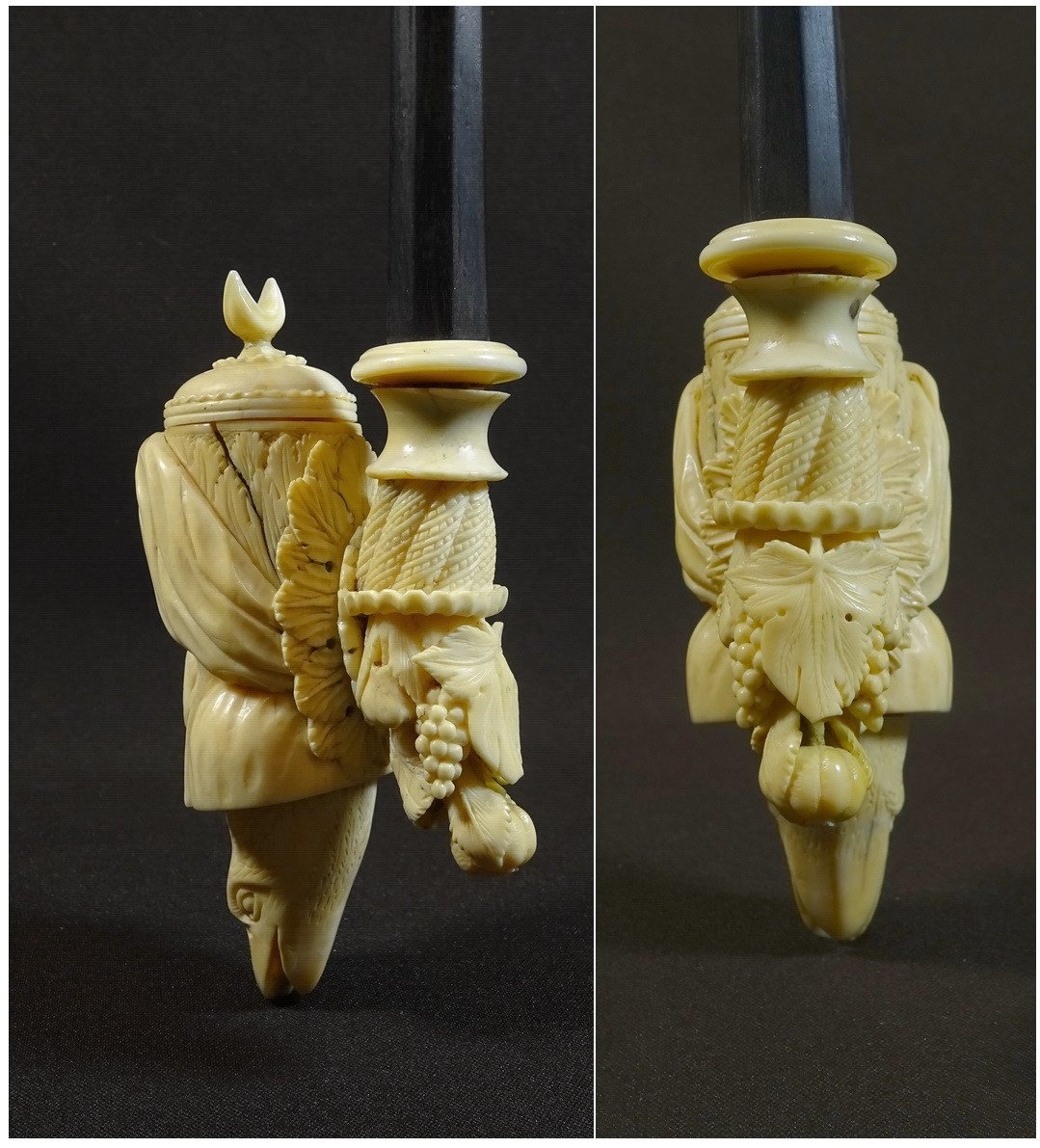 Orientalist Pipe Ivory Work From Dieppe, XVIIIth Century, The Furnace Representing A Moor's Face, Eagle Head Etc-photo-3