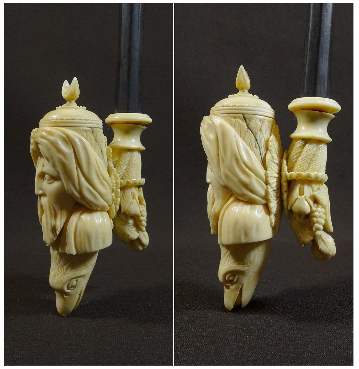 Orientalist Pipe Ivory Work From Dieppe, XVIIIth Century, The Furnace Representing A Moor's Face, Eagle Head Etc-photo-1