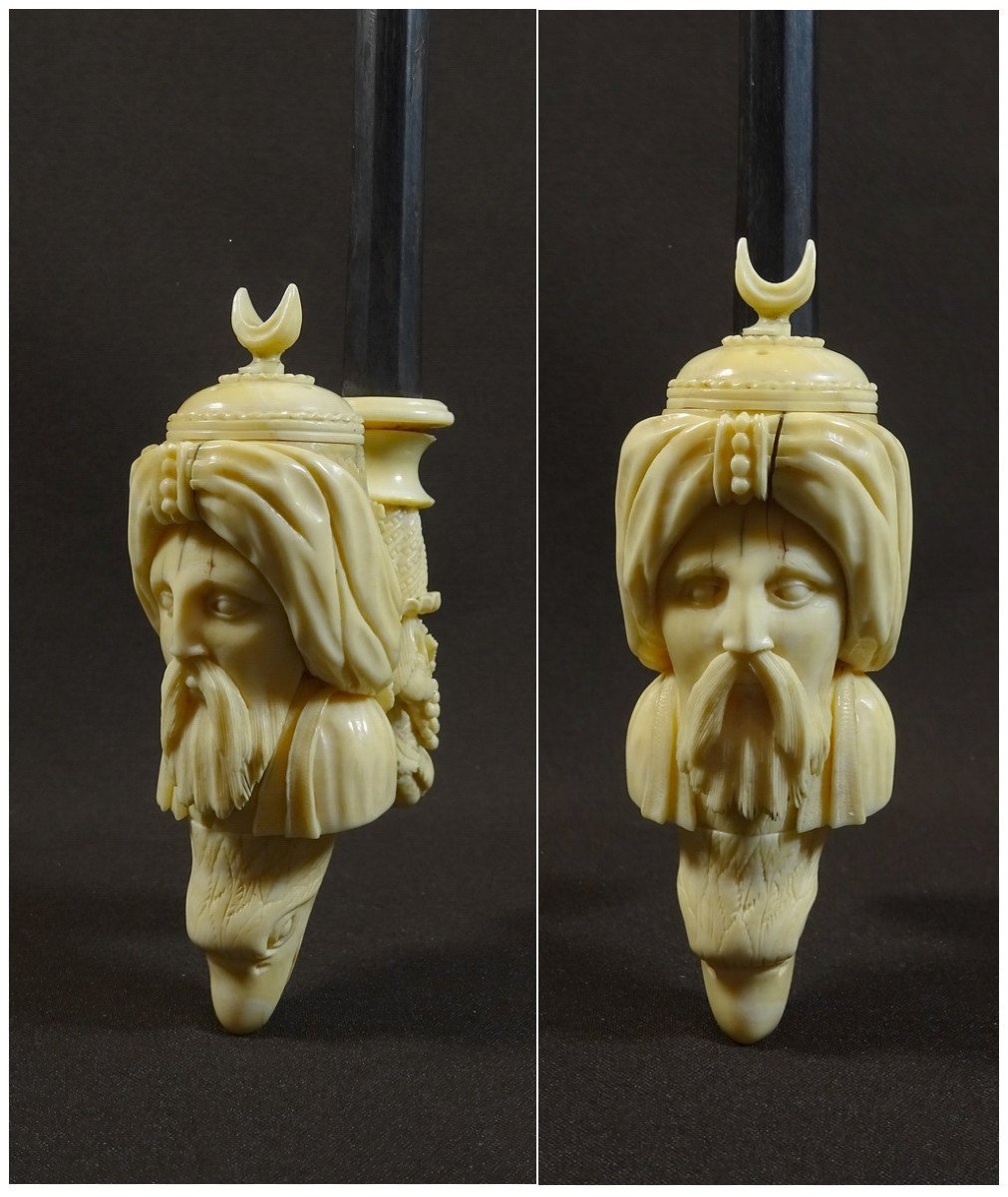 Orientalist Pipe Ivory Work From Dieppe, XVIIIth Century, The Furnace Representing A Moor's Face, Eagle Head Etc-photo-2