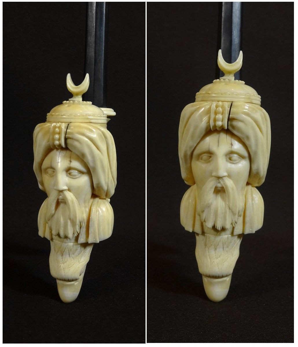 Pipe Orientaliste Travail d'Ivoire de Dieppe, XVIIIeme Siècle , Le Fourneau Figurant un Visage de Maure, Tête d'Aigle etc-photo-3