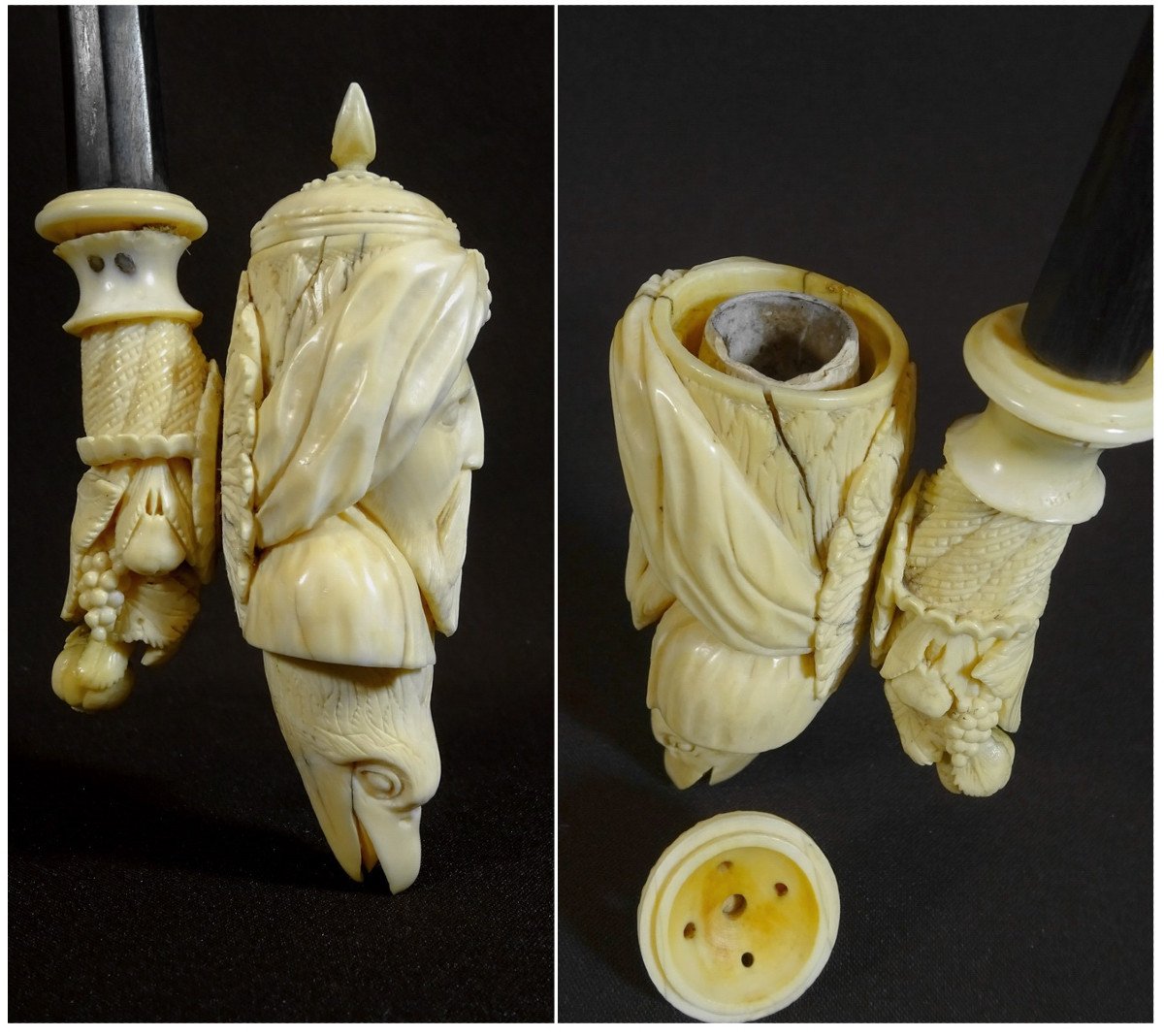 Orientalist Pipe Ivory Work From Dieppe, XVIIIth Century, The Furnace Representing A Moor's Face, Eagle Head Etc-photo-4