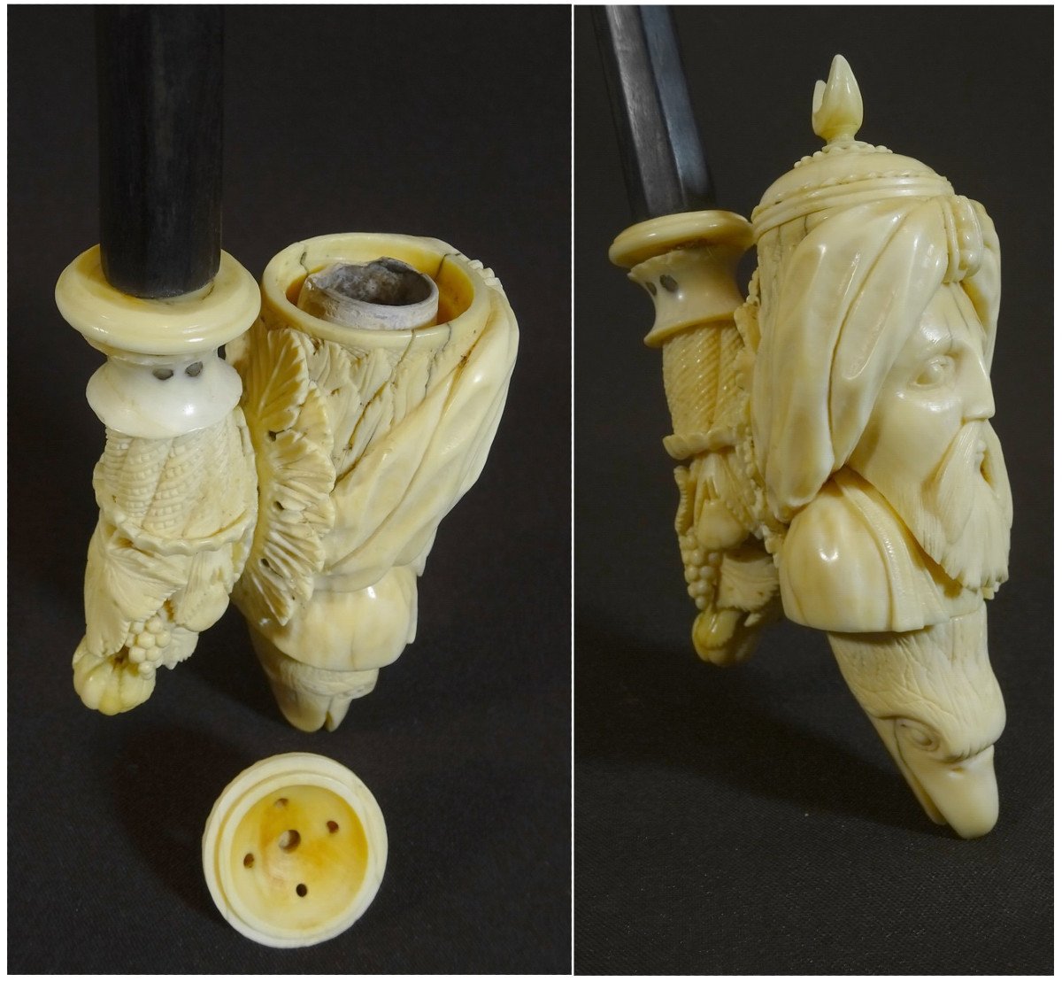 Orientalist Pipe Ivory Work From Dieppe, XVIIIth Century, The Furnace Representing A Moor's Face, Eagle Head Etc-photo-5