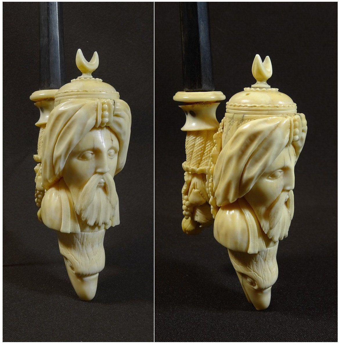 Orientalist Pipe Ivory Work From Dieppe, XVIIIth Century, The Furnace Representing A Moor's Face, Eagle Head Etc
