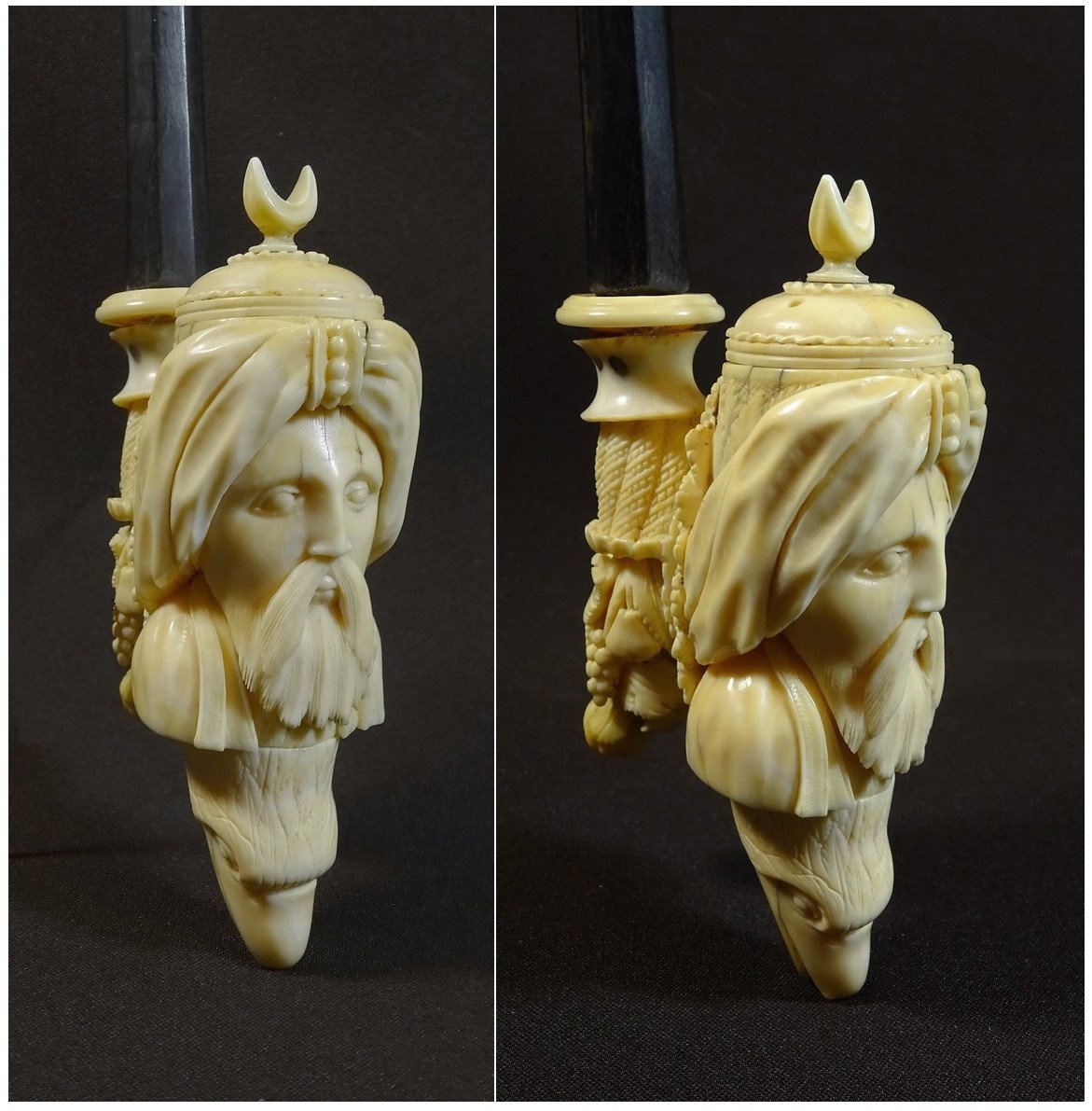 Pipe Orientaliste Travail d'Ivoire de Dieppe, XVIIIeme Siècle , Le Fourneau Figurant un Visage de Maure, Tête d'Aigle etc