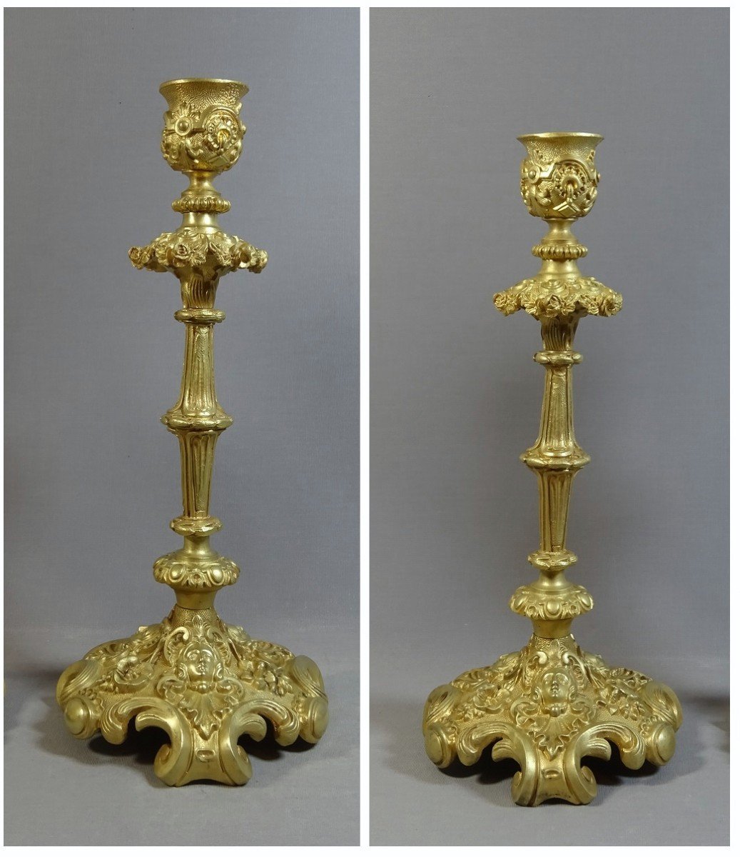 Pair Of 19th Century Torches In Richly Crafted Gilt Bronze, Decor Of Female Masks, Flowers Etc