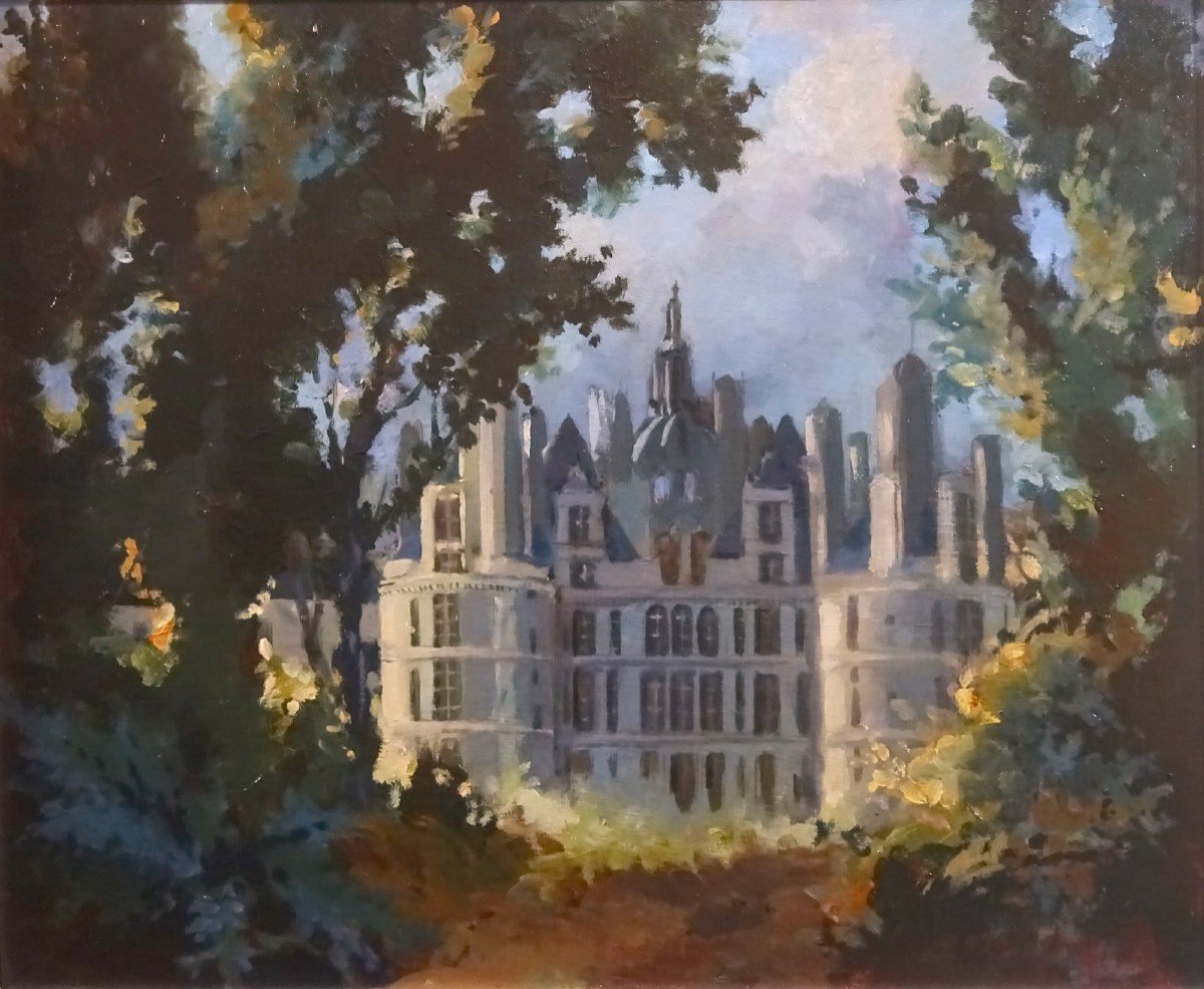 Peinture à l'Huile Figurant Le Château De Chambord Vu d'une Percée Dans Les Frondaisons, Belle Signature à Identifier-photo-2