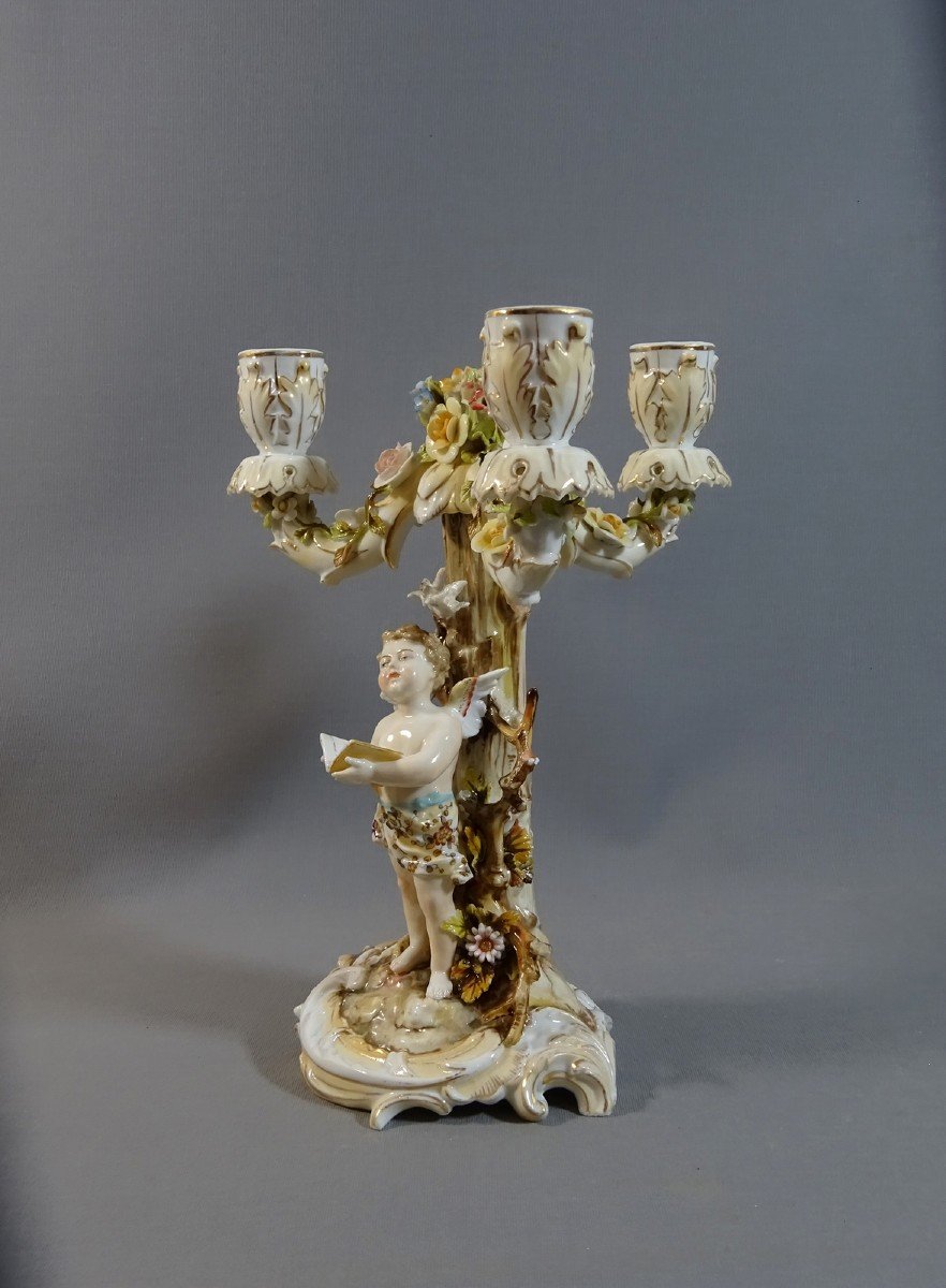 Candelabra Or Candlestick With Three Lights Naturalist Decor, Cherub, Turtledove Etc. Porcelain Volkstedt Rudolstadt-photo-4