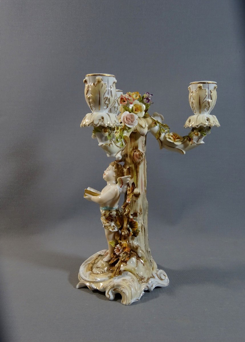 Candelabra Or Candlestick With Three Lights Naturalist Decor, Cherub, Turtledove Etc. Porcelain Volkstedt Rudolstadt-photo-2