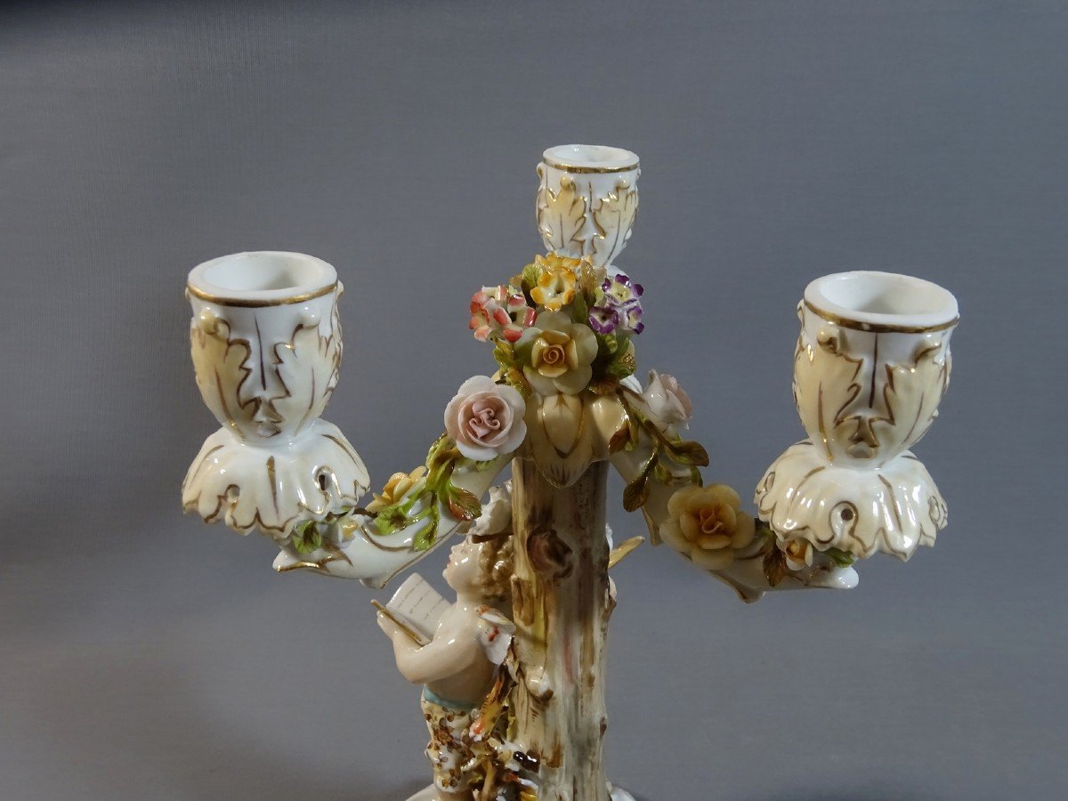 Candelabra Or Candlestick With Three Lights Naturalist Decor, Cherub, Turtledove Etc. Porcelain Volkstedt Rudolstadt-photo-3