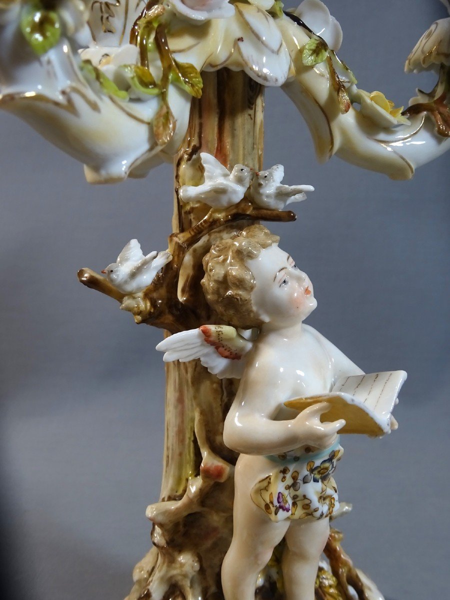 Candelabra Or Candlestick With Three Lights Naturalist Decor, Cherub, Turtledove Etc. Porcelain Volkstedt Rudolstadt-photo-6