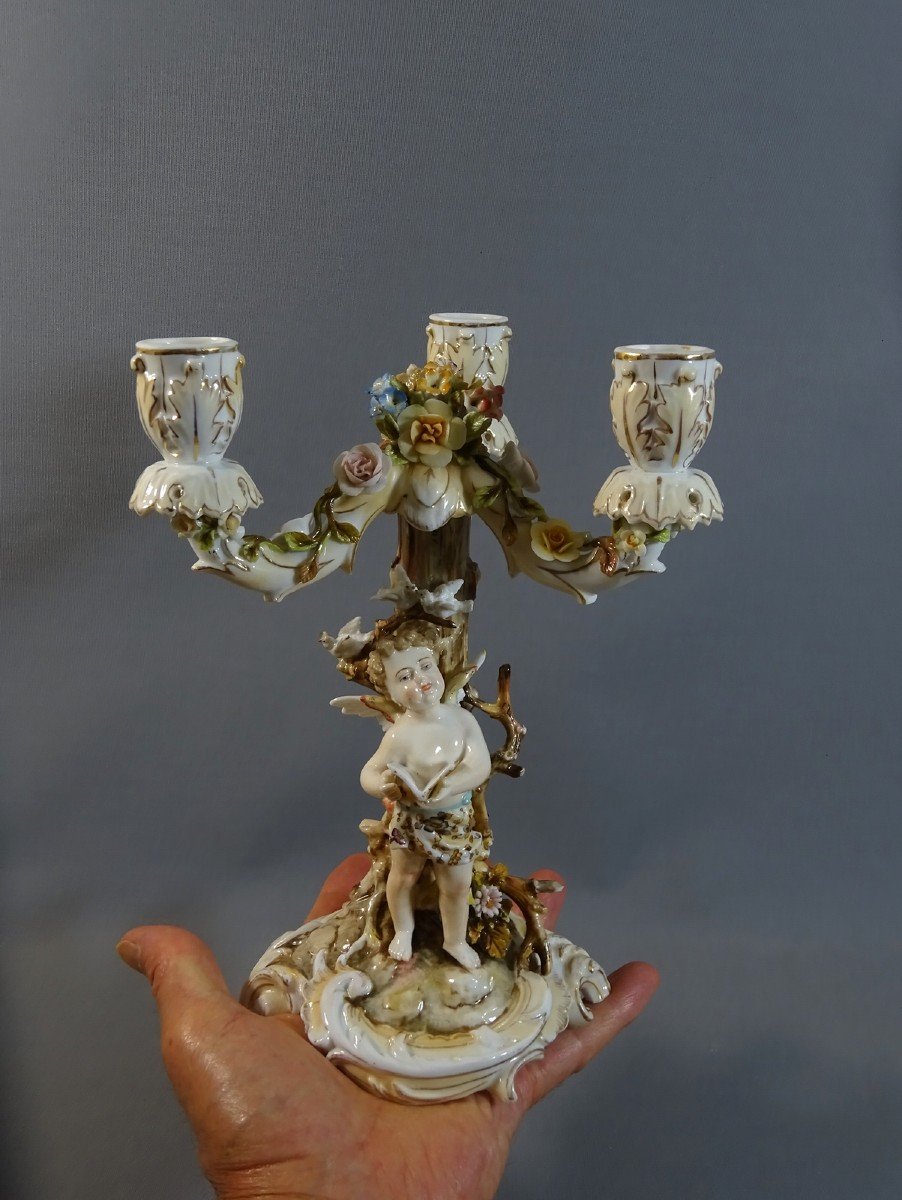 Candelabra Or Candlestick With Three Lights Naturalist Decor, Cherub, Turtledove Etc. Porcelain Volkstedt Rudolstadt-photo-7