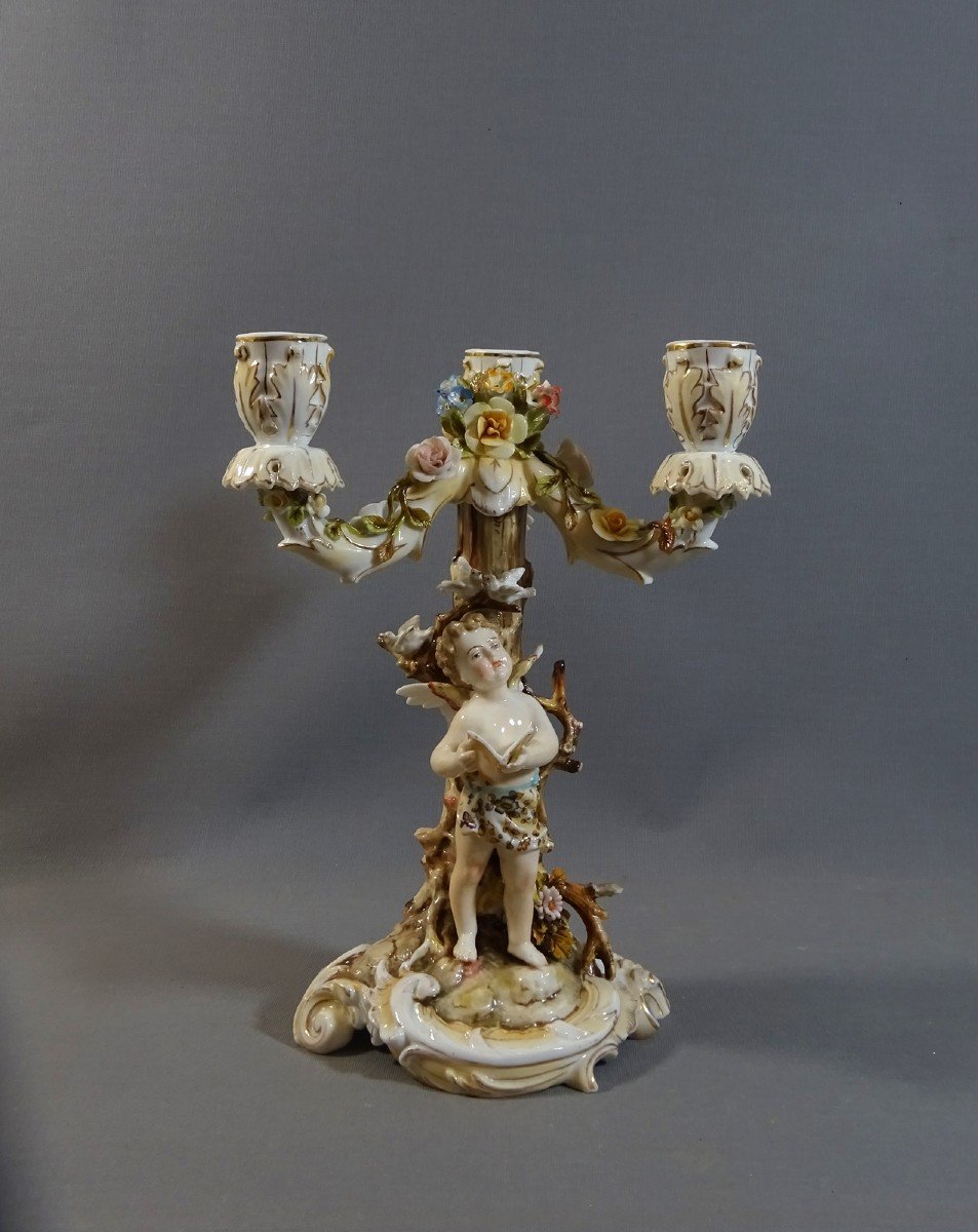 Candelabra Or Candlestick With Three Lights Naturalist Decor, Cherub, Turtledove Etc. Porcelain Volkstedt Rudolstadt