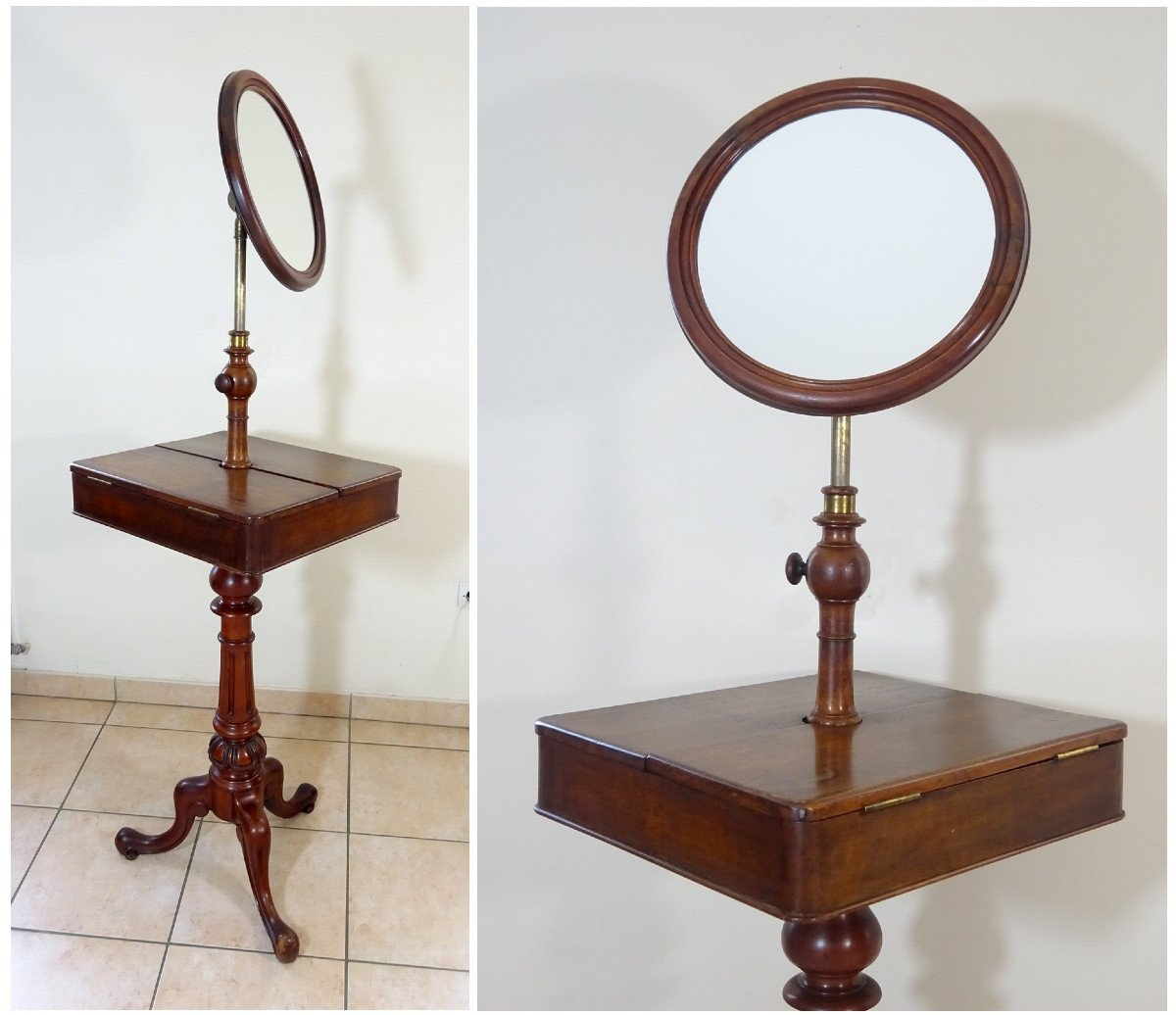 Barbière du XIXeme Siècle En Acajou, Epoque Louis Philippe, Bois Tourné, Miroir Psyché et Pied Mouvementé