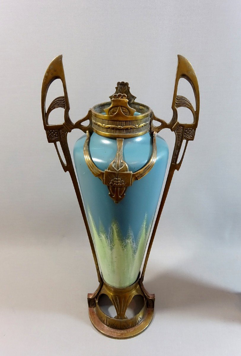 Paire de Vases Art-nouveau En Céramique Et Monture Bronze , Jugendstil Style De Johann von Schwarz, Circa 1910-photo-2