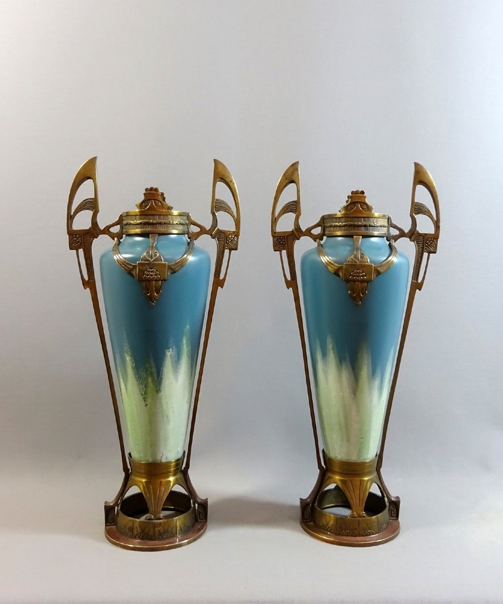 Pair Of Art Nouveau Vases In Ceramic And Bronze Mount, Jugendstil Style By Johann Von Schwarz, Circa 1910