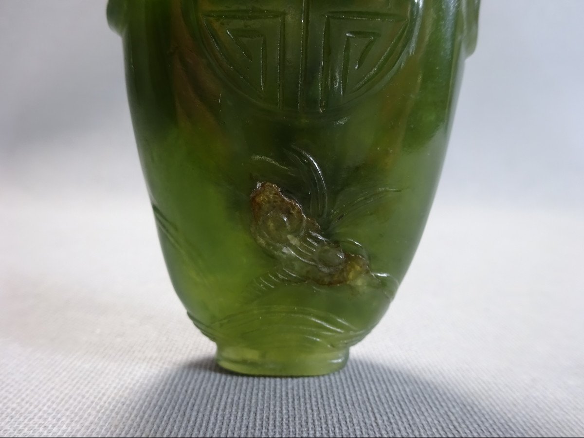 Beau Flacon Tabatière ou Snuff Bottle du XIXeme en Jade  Vert Épinard, de Forme Gourde à Panse Aplatie-photo-2