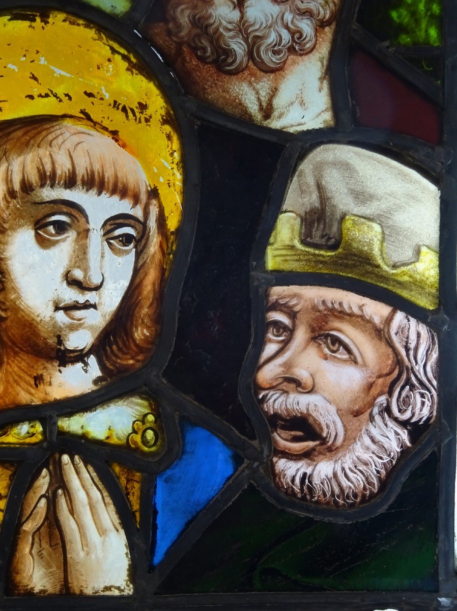 Vitrail Polychrome Epoque Renaissance &agrave; D&eacute;cor de Quatre Visages Masculins Encadrant la Vierge et de Ruines d Architectures-photo-4