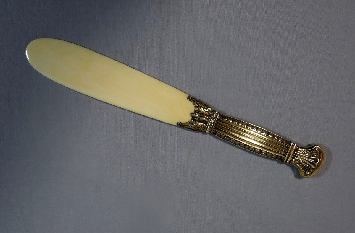 19th Century, Letter Opener Or Paper Cup, Silver Vermeil And Ivory, Empire Style Model Decorated With Swans And Palmettes-photo-2