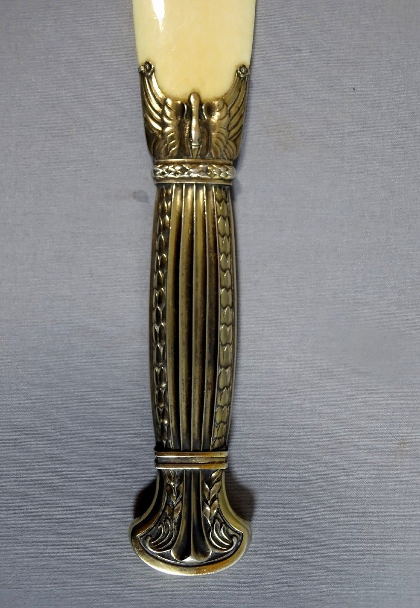 19th Century, Letter Opener Or Paper Cup, Silver Vermeil And Ivory, Empire Style Model Decorated With Swans And Palmettes-photo-2