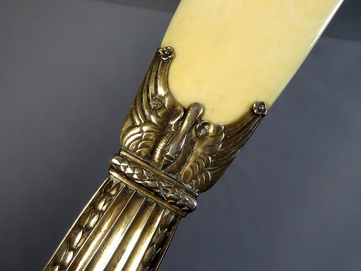 19th Century, Letter Opener Or Paper Cup, Silver Vermeil And Ivory, Empire Style Model Decorated With Swans And Palmettes-photo-4