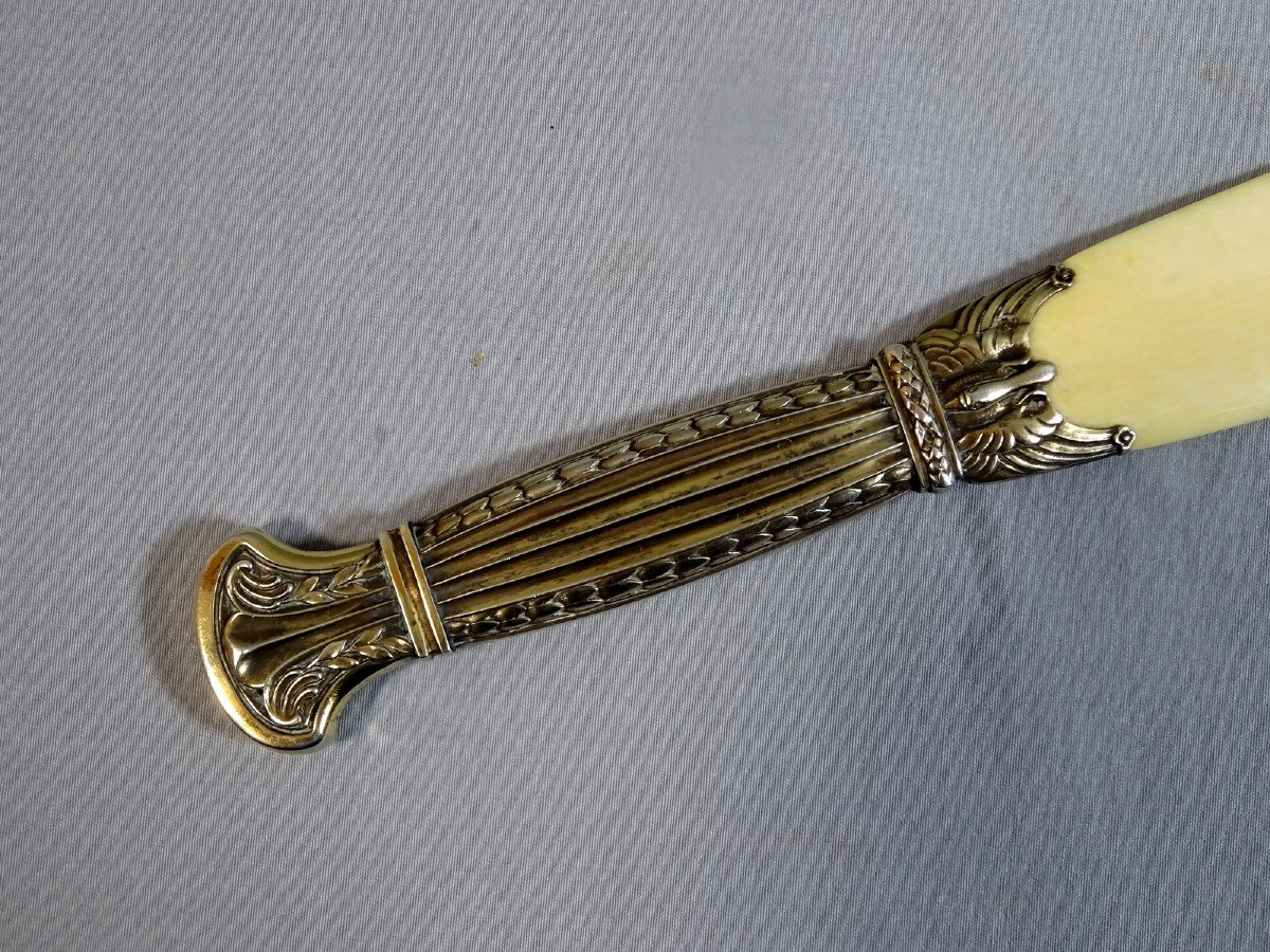 19th Century, Letter Opener Or Paper Cup, Silver Vermeil And Ivory, Empire Style Model Decorated With Swans And Palmettes-photo-7