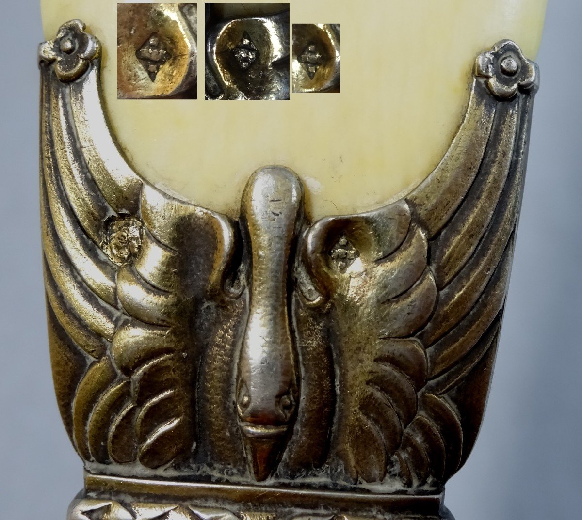 Ouvre Lettres ou Coupe Papier du XIXème, Argent Vermeil & Ivoire, Modèle De Style Empire à Décor De Cygnes et Palmettes-photo-8