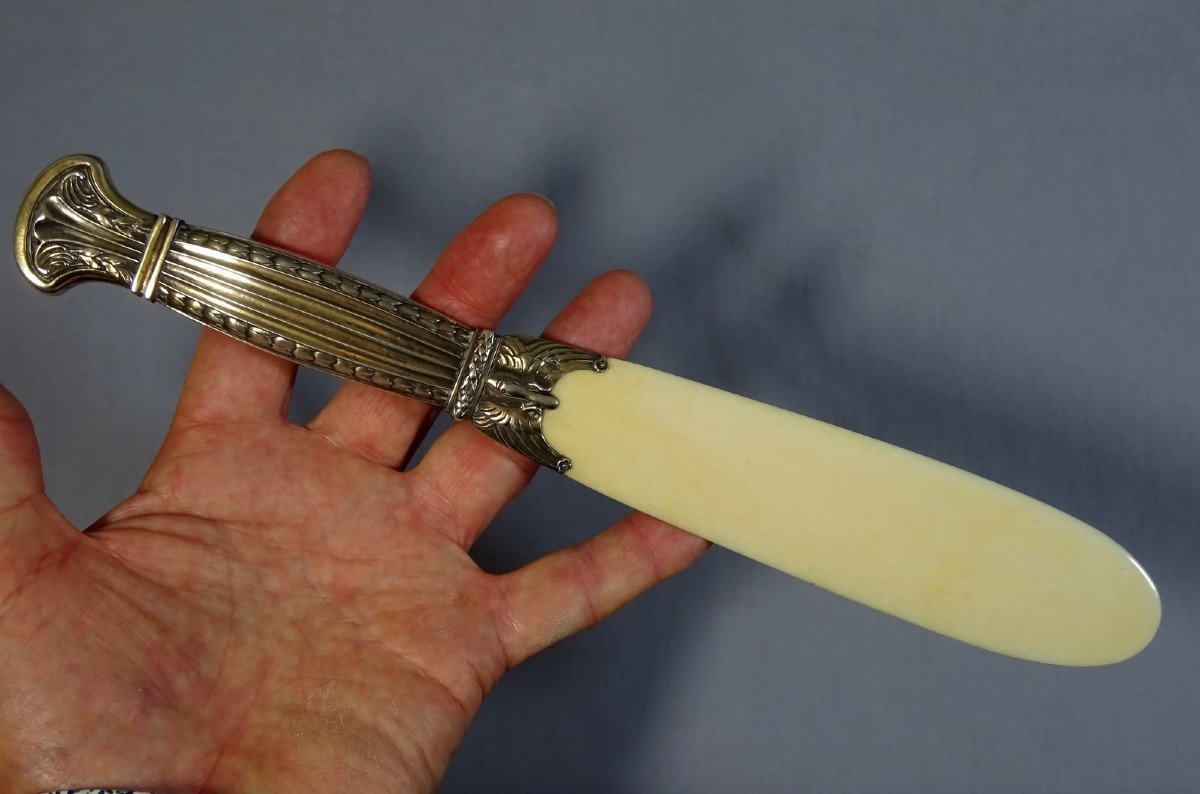 19th Century, Letter Opener Or Paper Cup, Silver Vermeil And Ivory, Empire Style Model Decorated With Swans And Palmettes