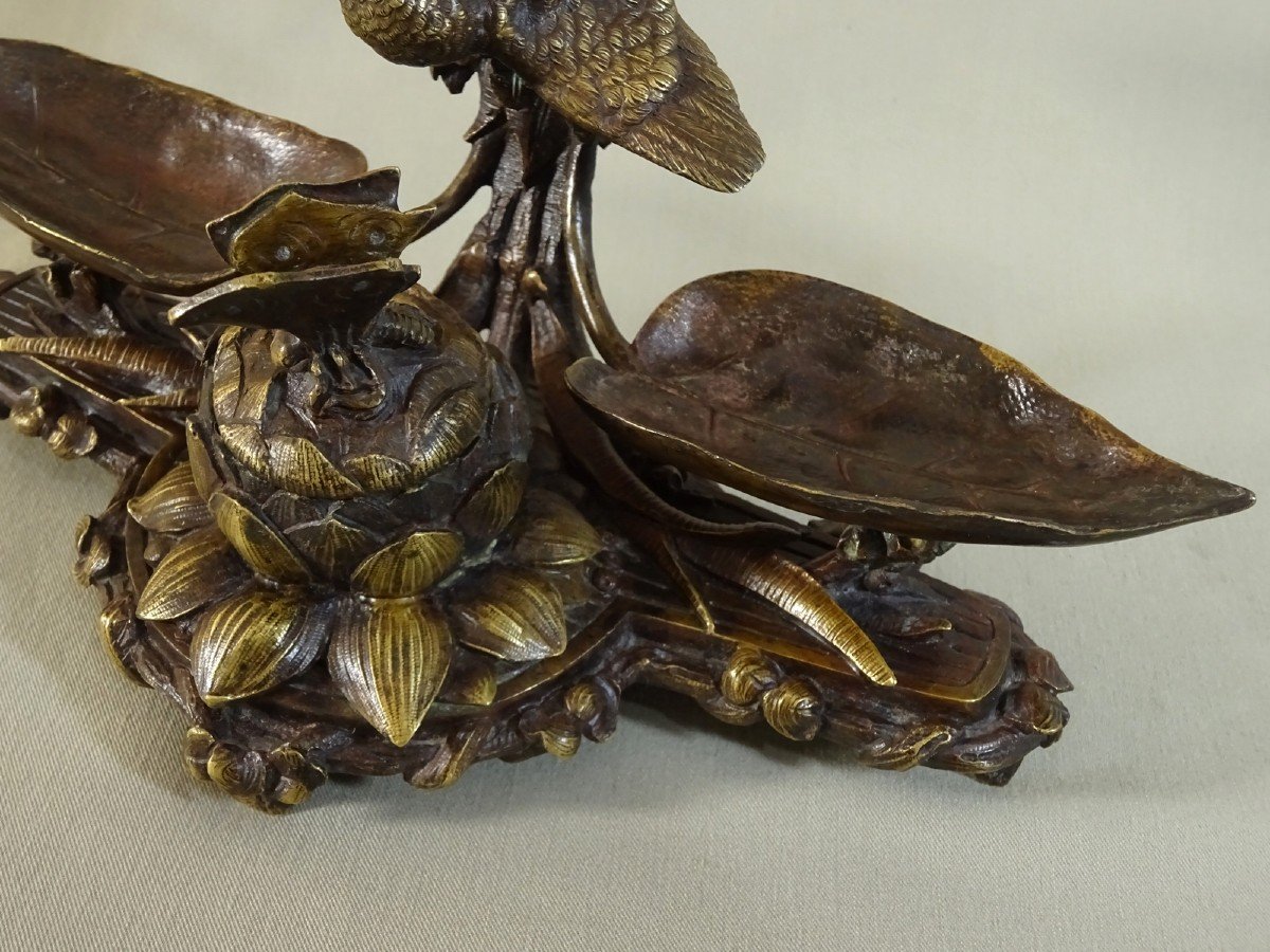 Bronze Naturaliste Art Nouveau Formant Encrier aux Oiseaux, Signe Leblanc, Succ. de Barbedienne-photo-3