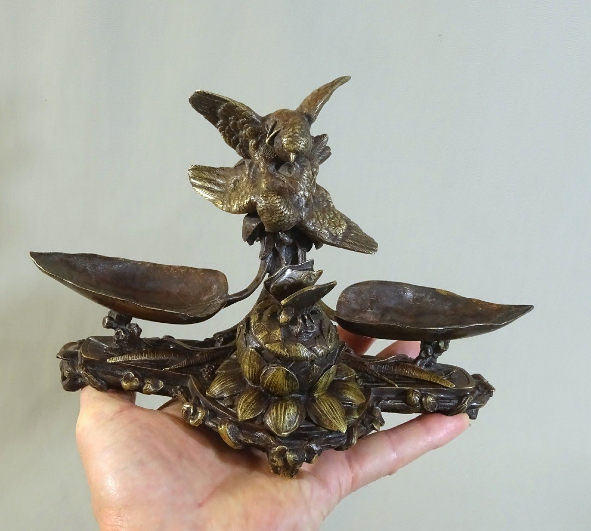 Bronze Naturaliste Art Nouveau Formant Encrier aux Oiseaux, Signe Leblanc, Succ. de Barbedienne-photo-6