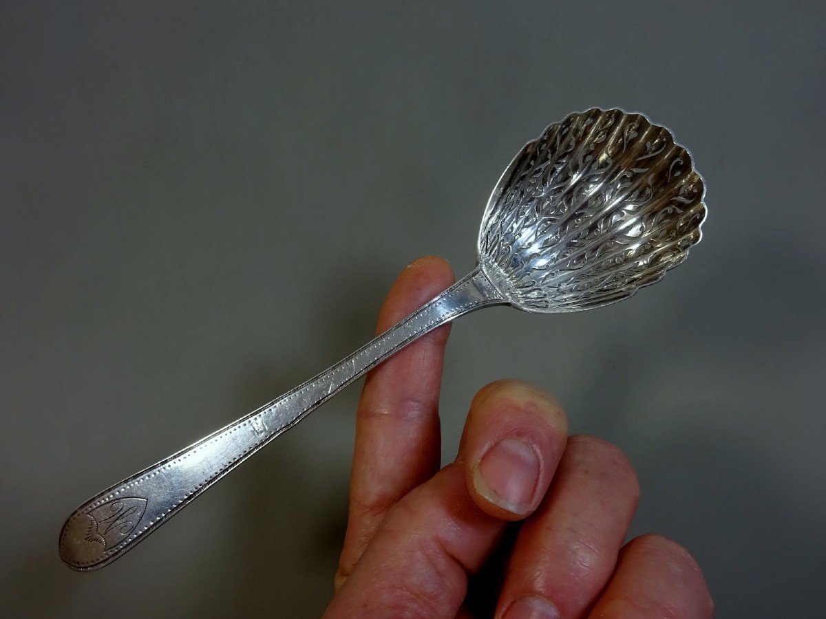 Silver Sprinkling Spoon Or Saupoudreuse, Late 18th , Early 19th Century,  2e Coq Hallmark, Goldsmith L.t.f To Be Identified-photo-4