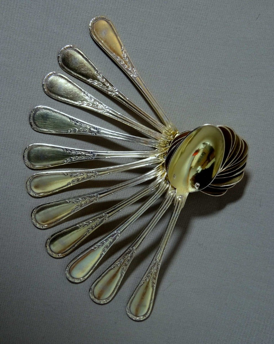 Silversmith Puiforcat, Eleven Small Spoons In Coffee Or Moka Model Louis XVI Style, Silver Minerve And Vermeil-photo-1