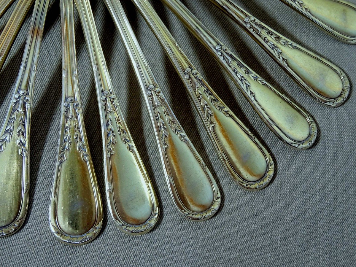 Silversmith Puiforcat, Eleven Small Spoons In Coffee Or Moka Model Louis XVI Style, Silver Minerve And Vermeil-photo-3